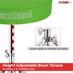 5Core Drum Throne Padded Adjustable Guitar Stool Drummer Seat for Adults & Kids GREEN