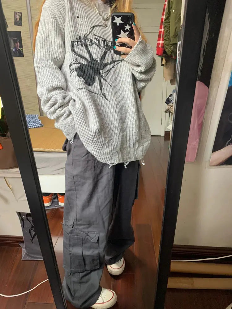 Spider Print Gothic Oversize Sweater