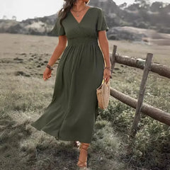 V-Neck Bell Sleeve Slit Long Dress